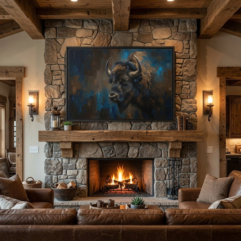 Framed bison canvas wall art with blue-toned background and dark brown bison portrait