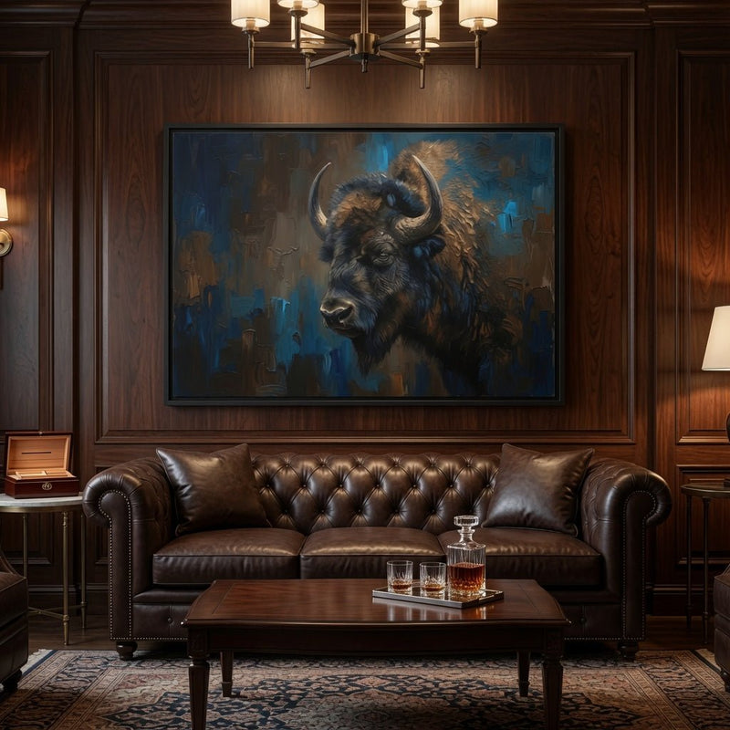 Framed bison canvas art centered on a wall, blue and brown bison with black frame