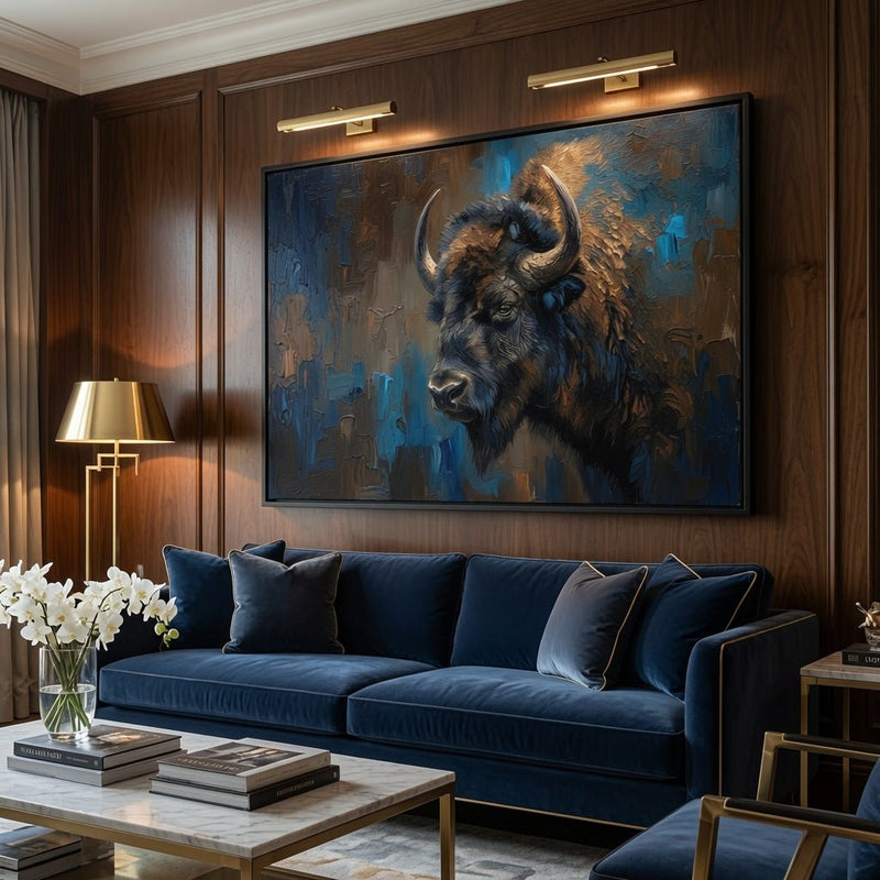 Framed bison canvas art above a sofa, blue and brown bison portrait, black frame