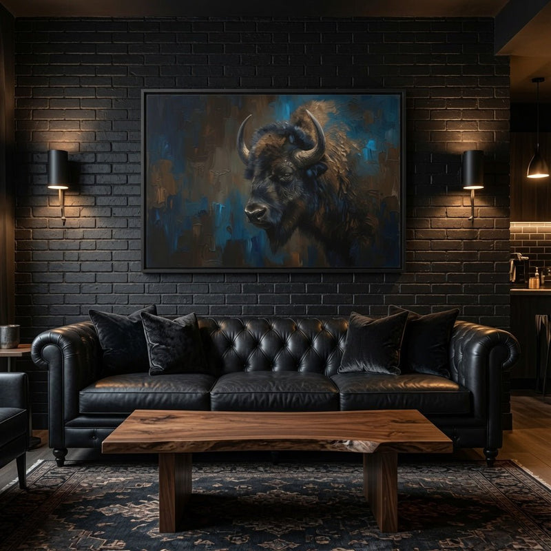 Framed bison canvas art on brick wall, blue and brown bison, black frame