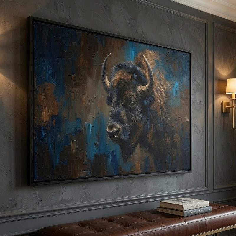 Framed bison canvas art with blue background and brown bison head, black frame
