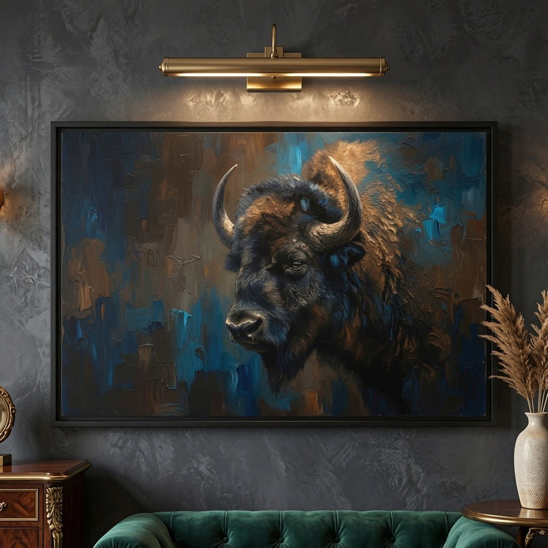 Black-framed bison canvas wall art with blue-and-brown wildlife portrait