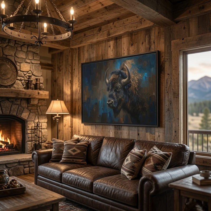 Framed bison canvas wall art, dark blue background with brown bison