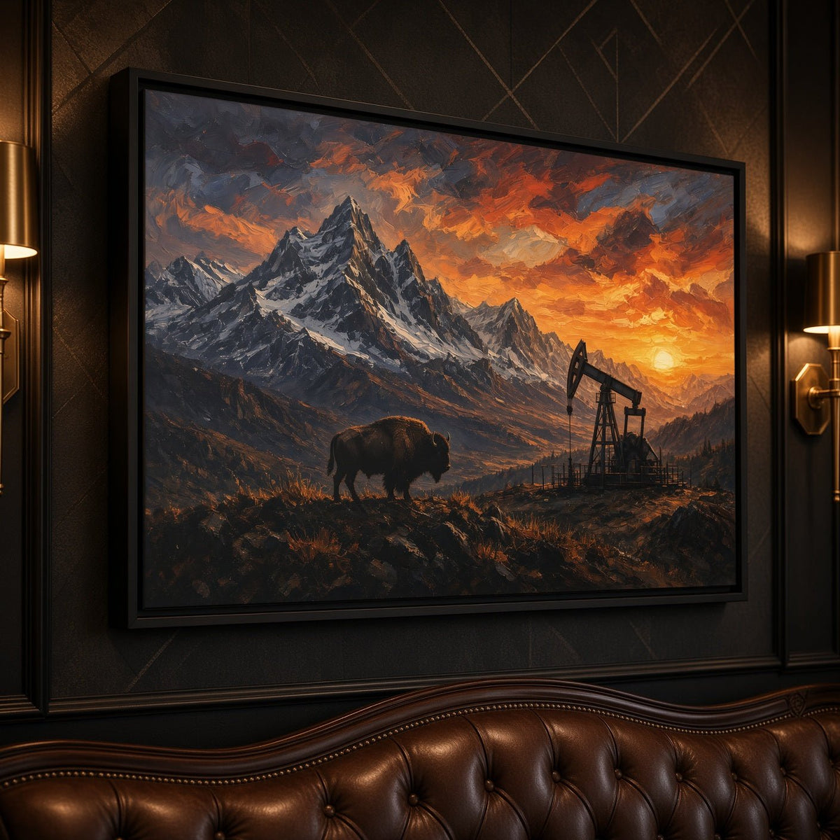 Black-framed matte canvas with bison near oil pumpjack under an orange sunset sky