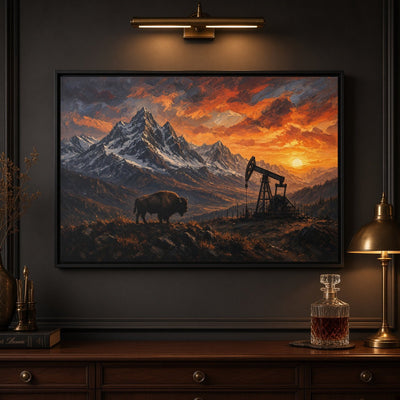 Framed matte canvas showing bison and oil pumpjack with sunset over mountain valley