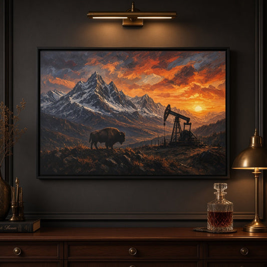 Framed matte canvas showing bison and oil pumpjack with sunset over mountain valley