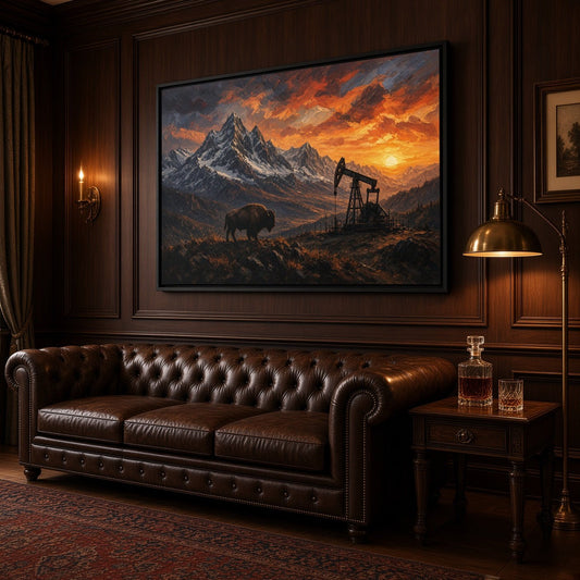 Black framed matte canvas landscape with bison and oil pumpjack at sunset