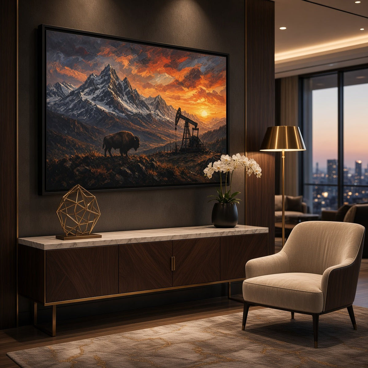 Framed matte canvas with bison and oil pumpjack, warm sunset glow across peaks