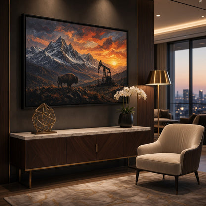 Framed matte canvas with bison and oil pumpjack, warm sunset glow across peaks