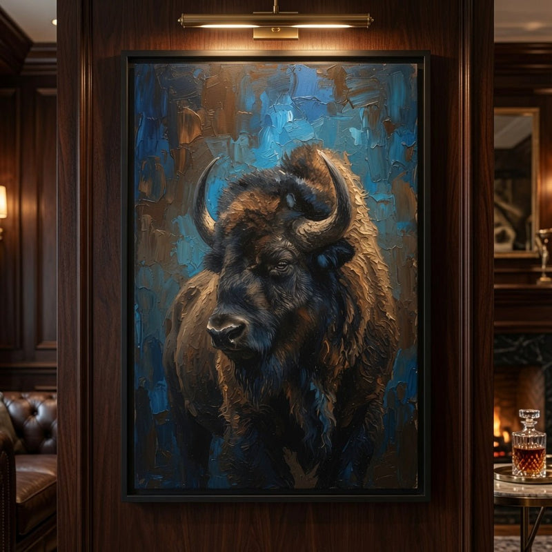 Black framed bison portrait matte canvas wall art with blue textured background.