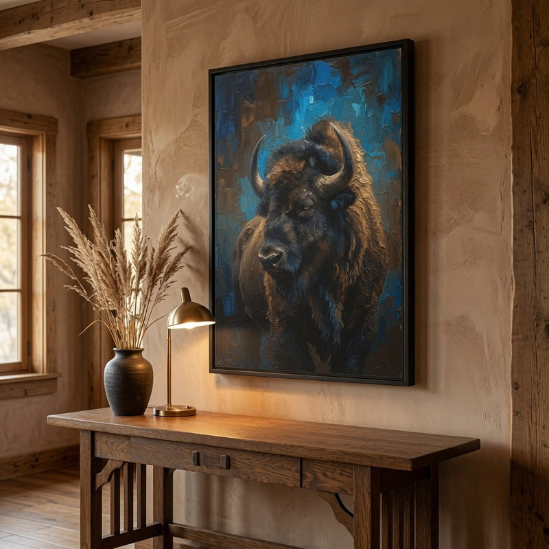 Black framed bison portrait matte canvas wall art, bison face in blue-toned paint.