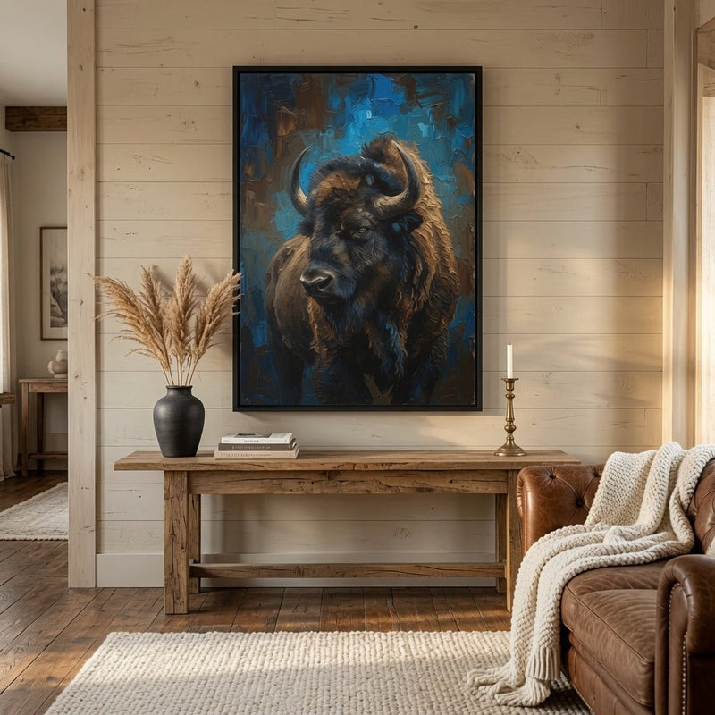 Framed bison portrait canvas wall art featuring a buffalo portrait with blue and brown tones