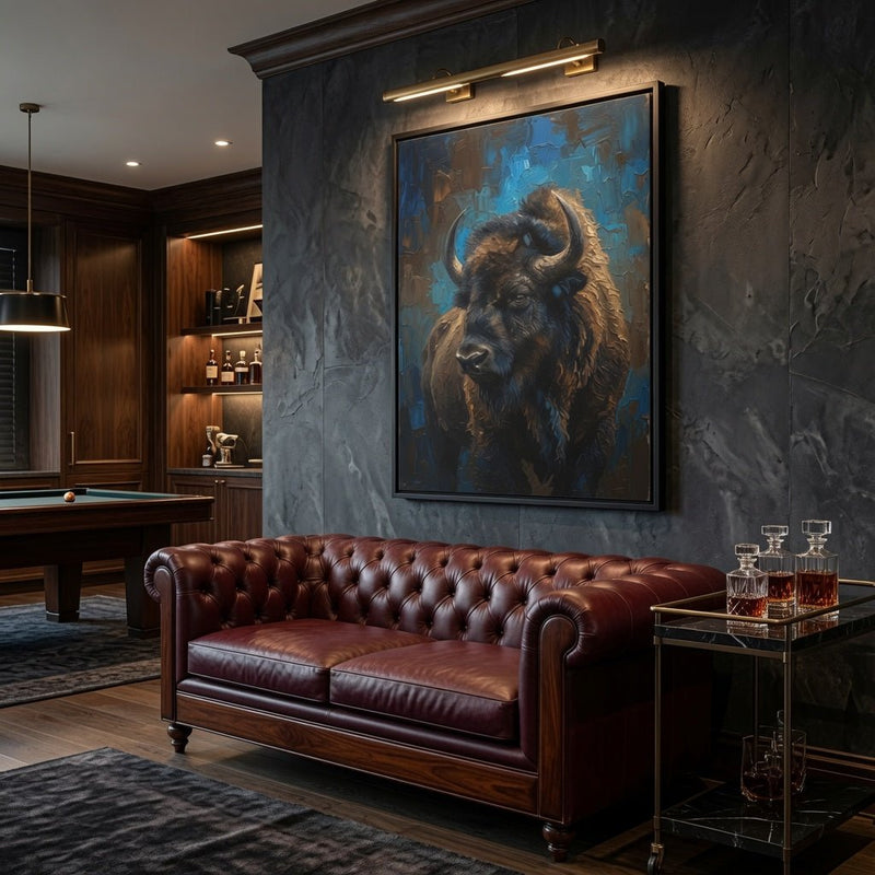 Black framed bison portrait matte canvas wall art with blue abstract background.