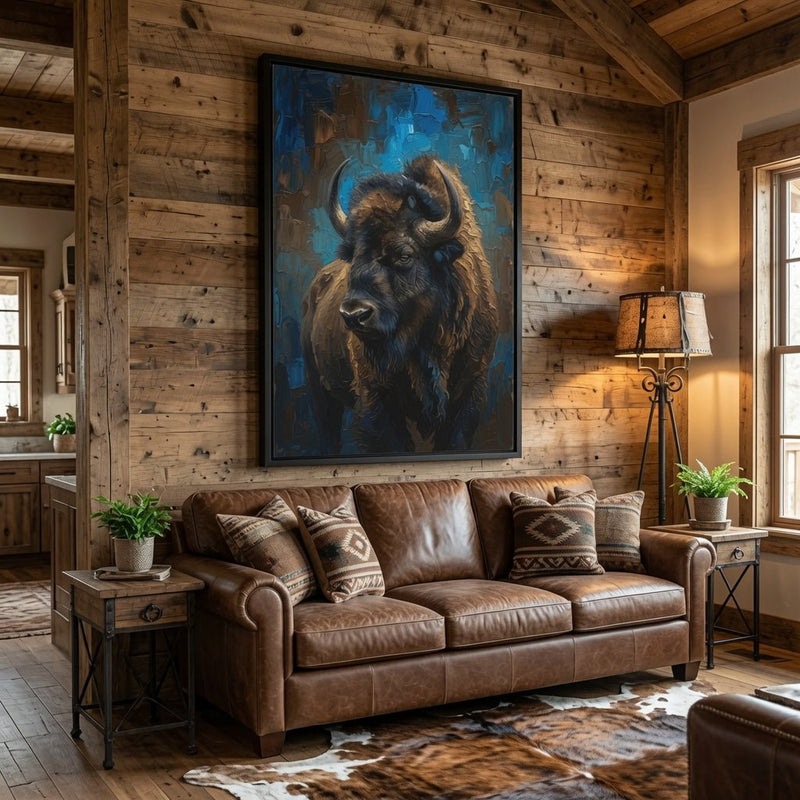 Black-framed bison portrait matte canvas wall art, vertical rectangle.