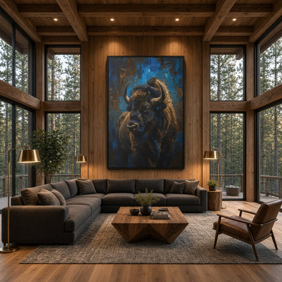 Black-framed portrait canvas featuring a blue bison head illustration
