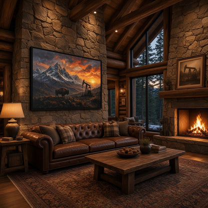 Black framed matte canvas depicting bison, towering mountains, and an oil pumpjack at sunset
