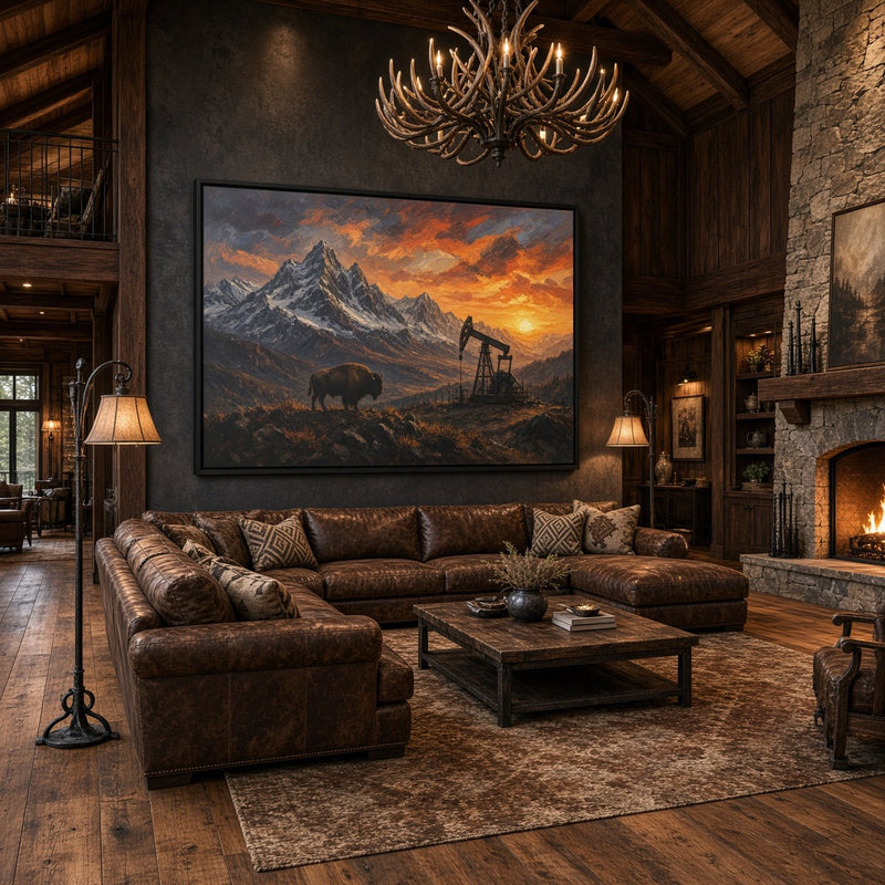 Framed canvas wall art featuring bison and oil pumpjack in a mountainous landscape