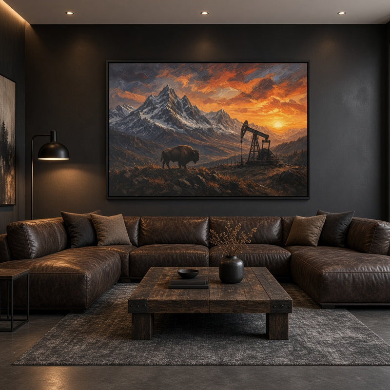 Framed canvas wall art with bison and oil pumpjack under an orange sunset sky, dark frame