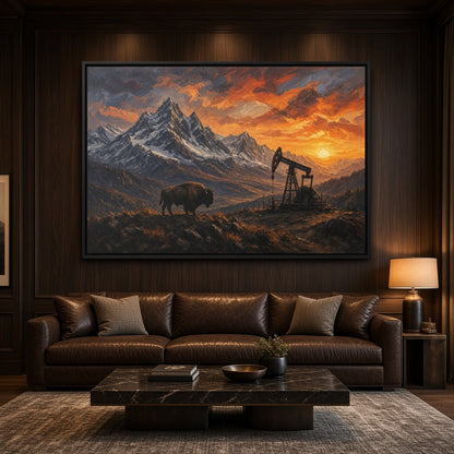 Framed canvas wall art showing bison near an oil pumpjack at sunset, dark frame