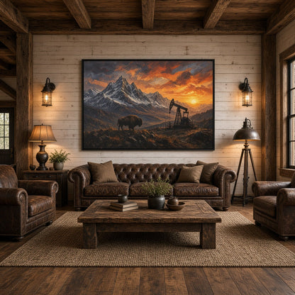 Framed canvas wall art of bison by an oil pumpjack with glowing sunset over mountains