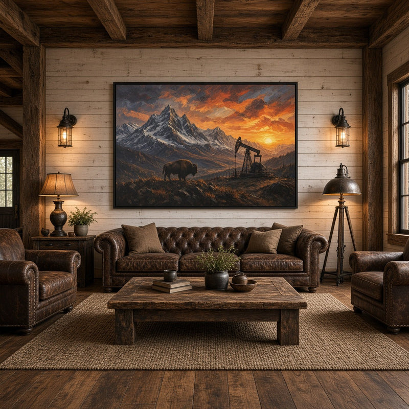 Framed canvas wall art of bison by an oil pumpjack with glowing sunset over mountains