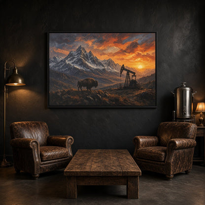 Black framed matte canvas landscape with bison, mountain peaks, and pumpjack at sunset