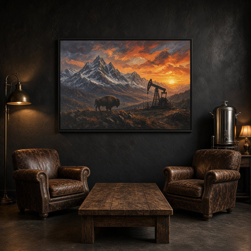 Black framed matte canvas landscape with bison, mountain peaks, and pumpjack at sunset