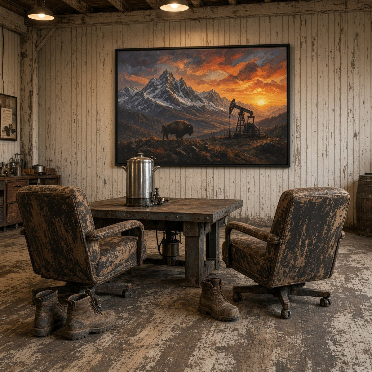 Black framed matte canvas with bison, dramatic mountains, and pumpjack silhouette at sunset