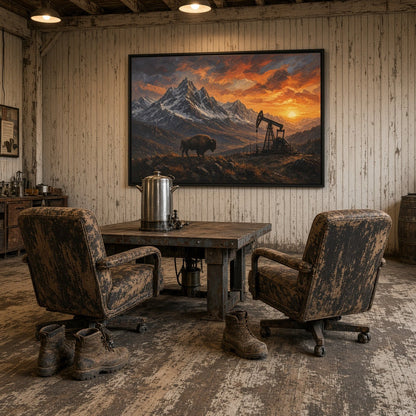 Black framed matte canvas with bison, dramatic mountains, and pumpjack silhouette at sunset