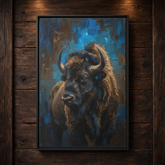 Framed black bison canvas wall art with portrait bison under blue textured paint