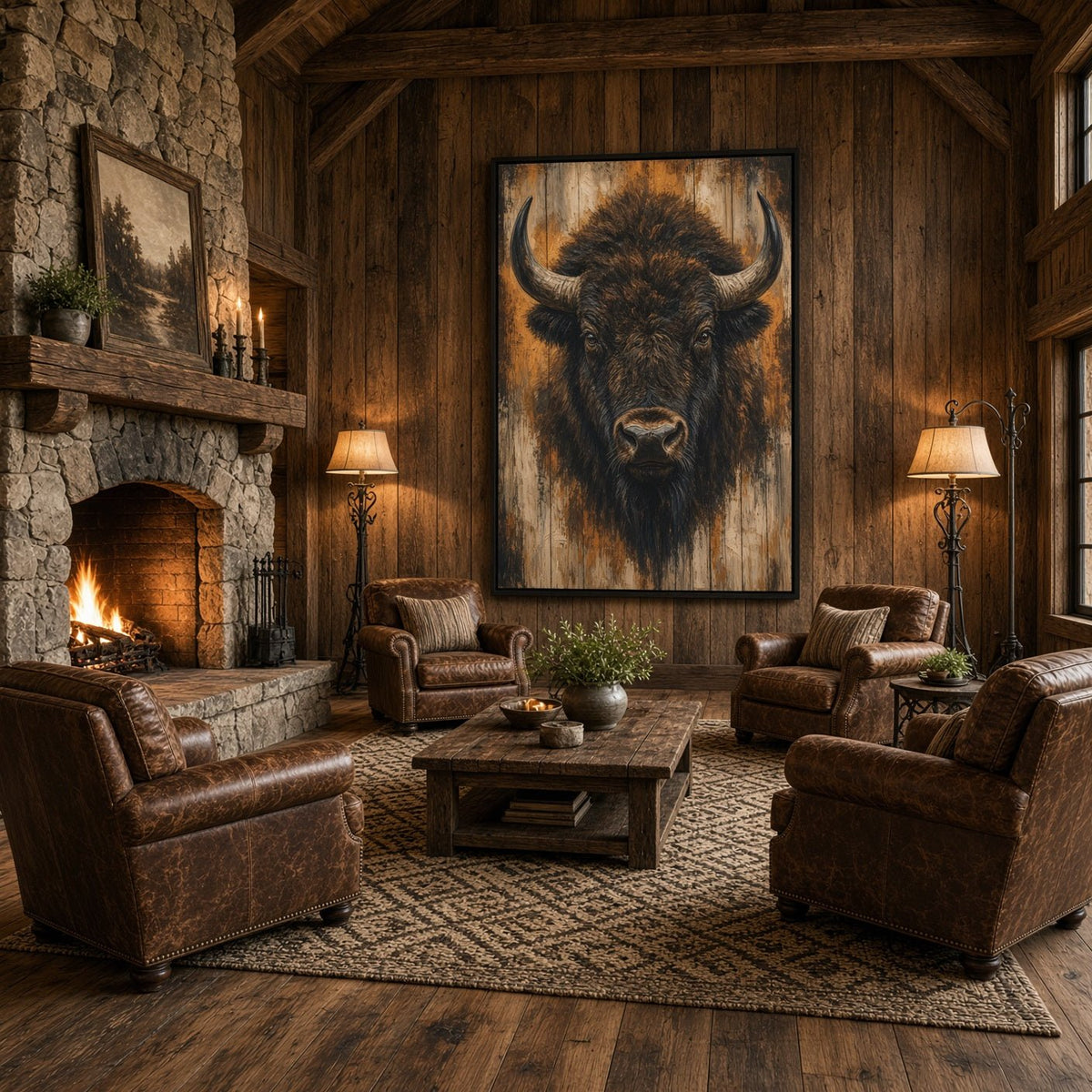 Framed bison portrait canvas wall art with dark horns and a black rectangular frame