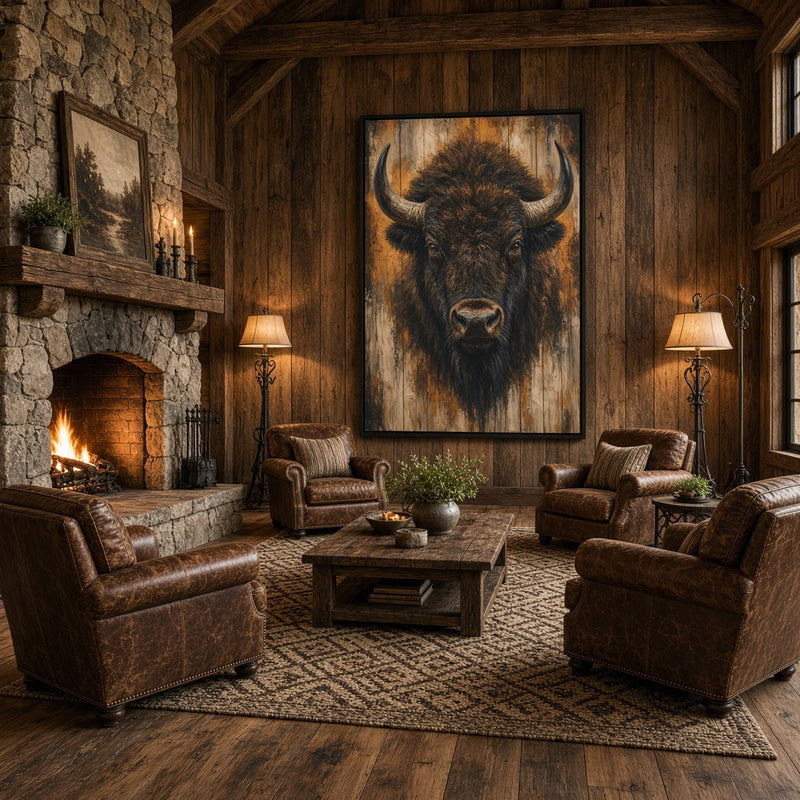 Framed bison portrait canvas wall art with dark horns and a black rectangular frame