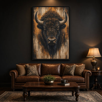 Framed bison portrait canvas wall art with dark horns and textured brushstrokes