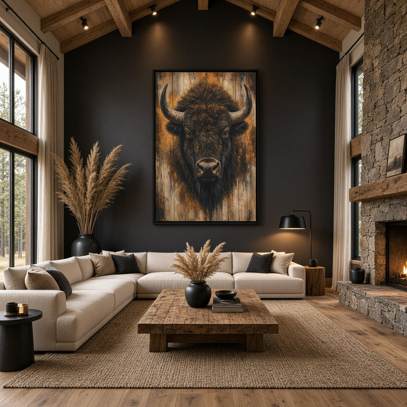 Framed bison portrait canvas wall art on the wall with curved horns
