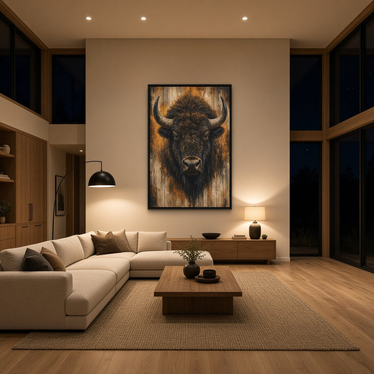 Framed bison portrait canvas wall art in a cozy living room setting