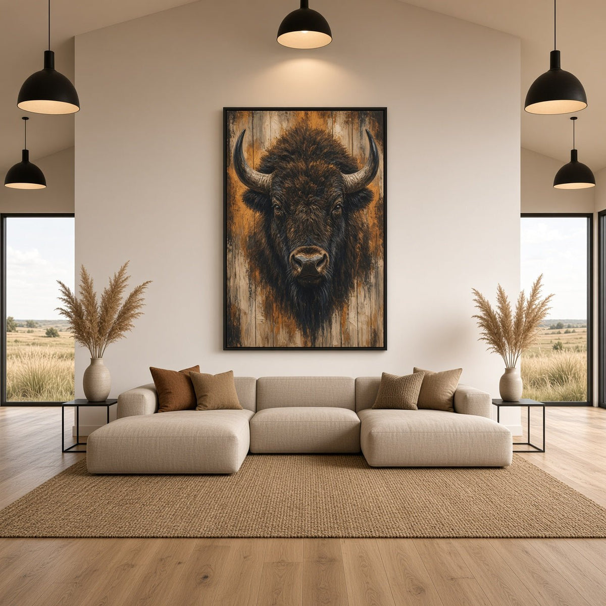 Framed bison portrait canvas wall art above a sofa with beige tones