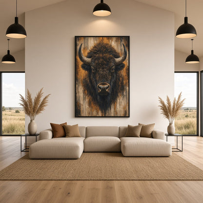 Framed bison portrait canvas wall art above a sofa with beige tones