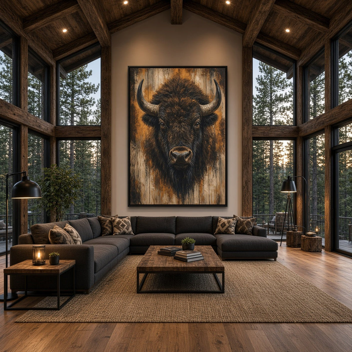 Framed bison portrait canvas wall art hung on a wall in a living room