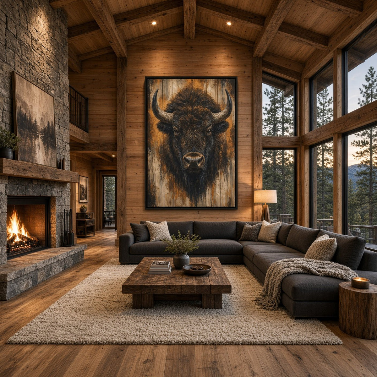 Framed bison portrait canvas wall art showing a centered bull face with textured fur