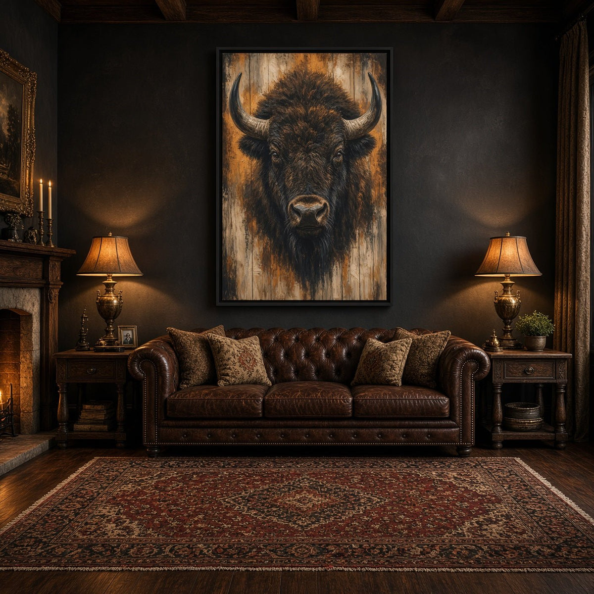 Framed bison portrait canvas wall art with dark eyes and curved horns in black frame