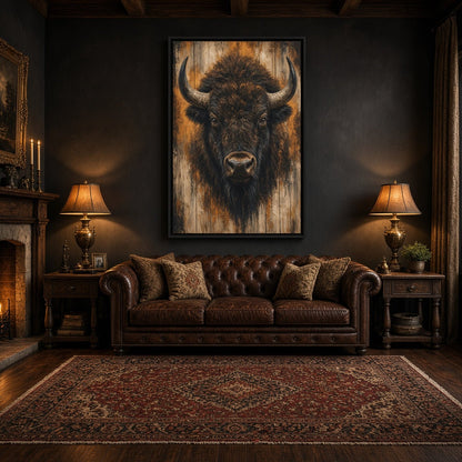 Framed bison portrait canvas wall art with dark eyes and curved horns in black frame