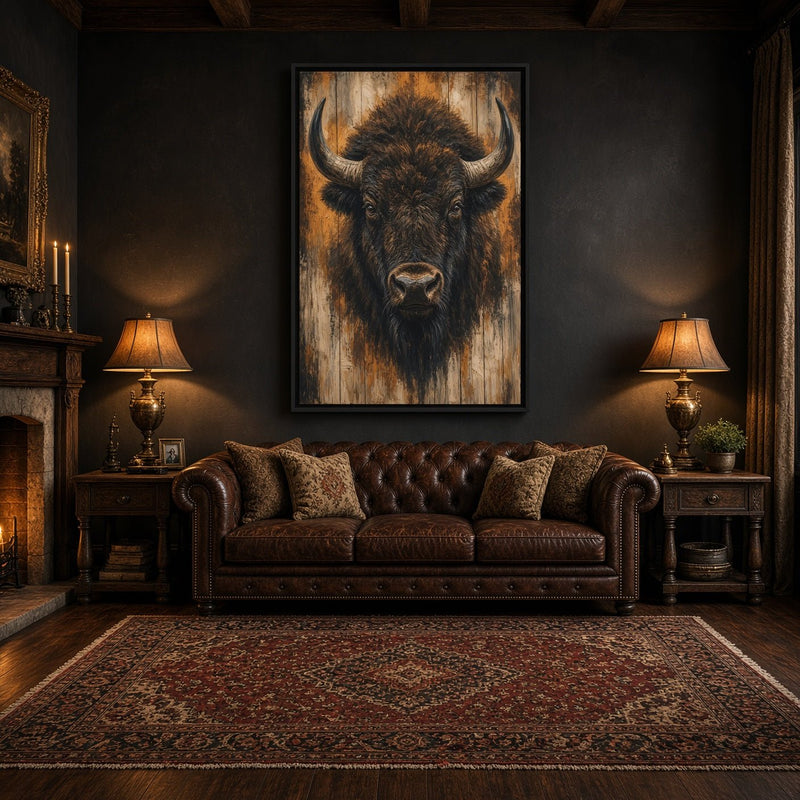 Framed bison portrait canvas wall art with dark eyes and curved horns in black frame