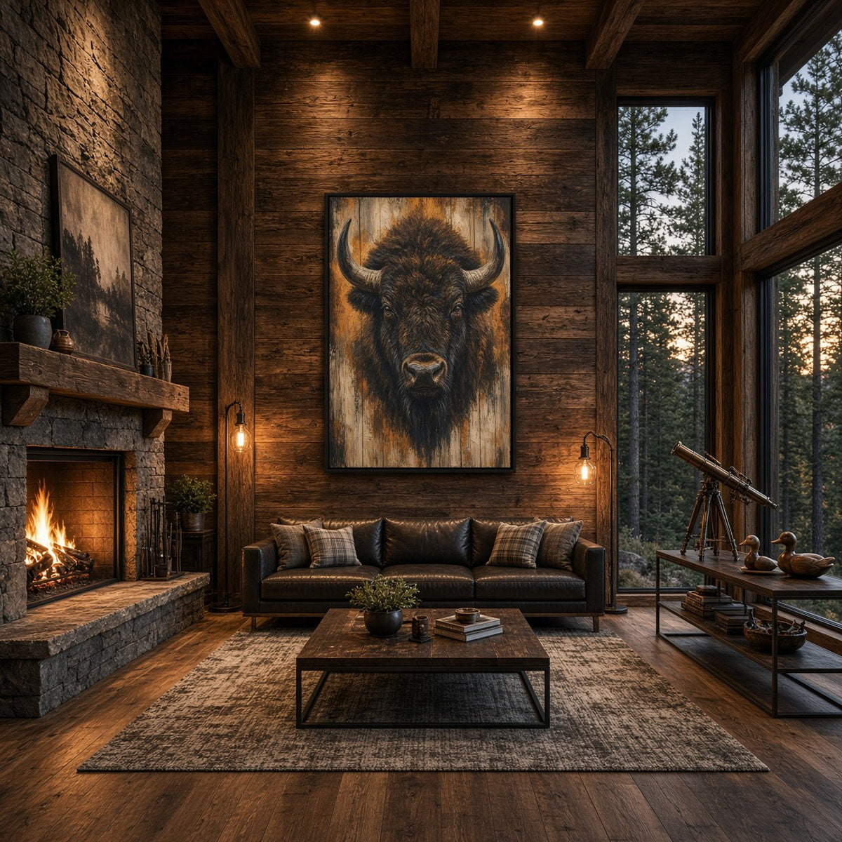 Framed bison portrait canvas wall art, horned head with rugged painted texture