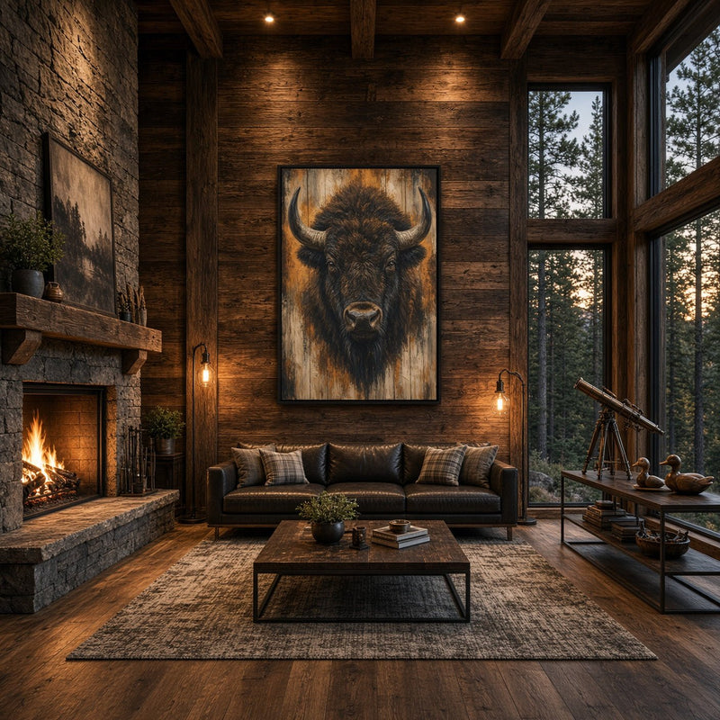 Framed bison portrait canvas wall art, horned head with rugged painted texture