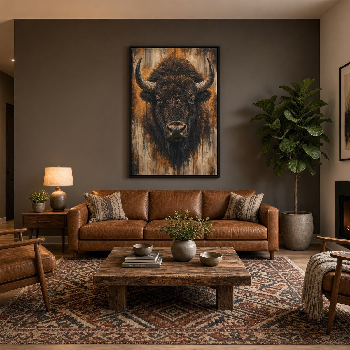 Framed bison portrait canvas wall art with textured brown fur and black frame
