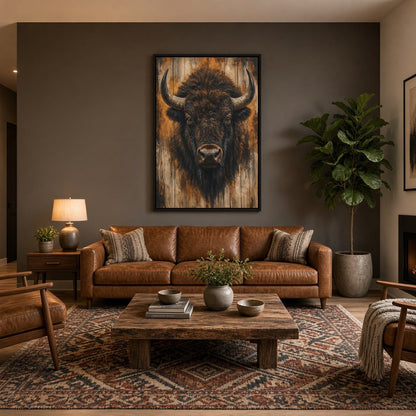 Framed bison portrait canvas wall art with textured brown fur and black frame