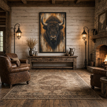 Framed bison portrait canvas wall art featuring dark horns and warm golden tones