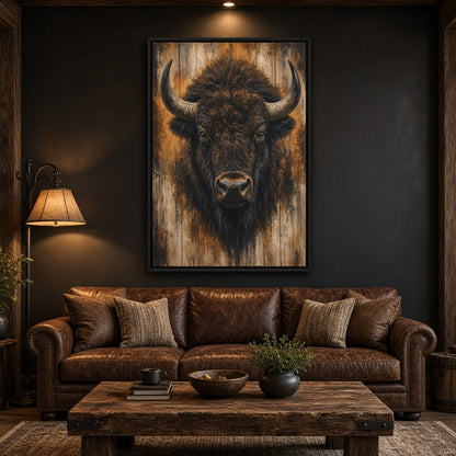 Framed bison portrait canvas wall art showing the bull face centered in black frame