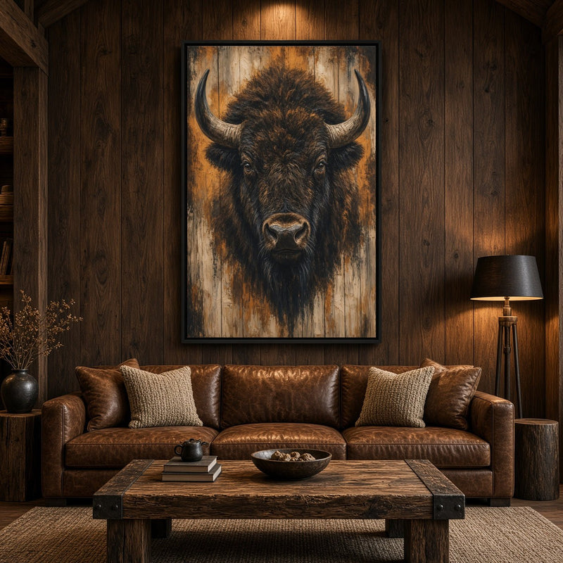 Framed bison portrait canvas wall art with black frame and horned bull face