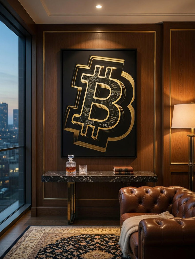 Framed Bitcoin symbol canvas with gold tones on dark artwork